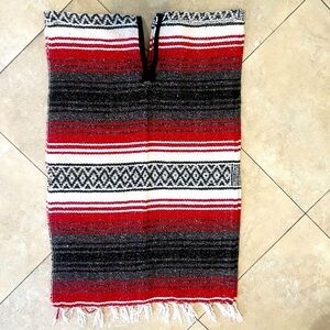 Vintage Mexican Poncho One Size Red White Black Serape Blanket Fringe Knit